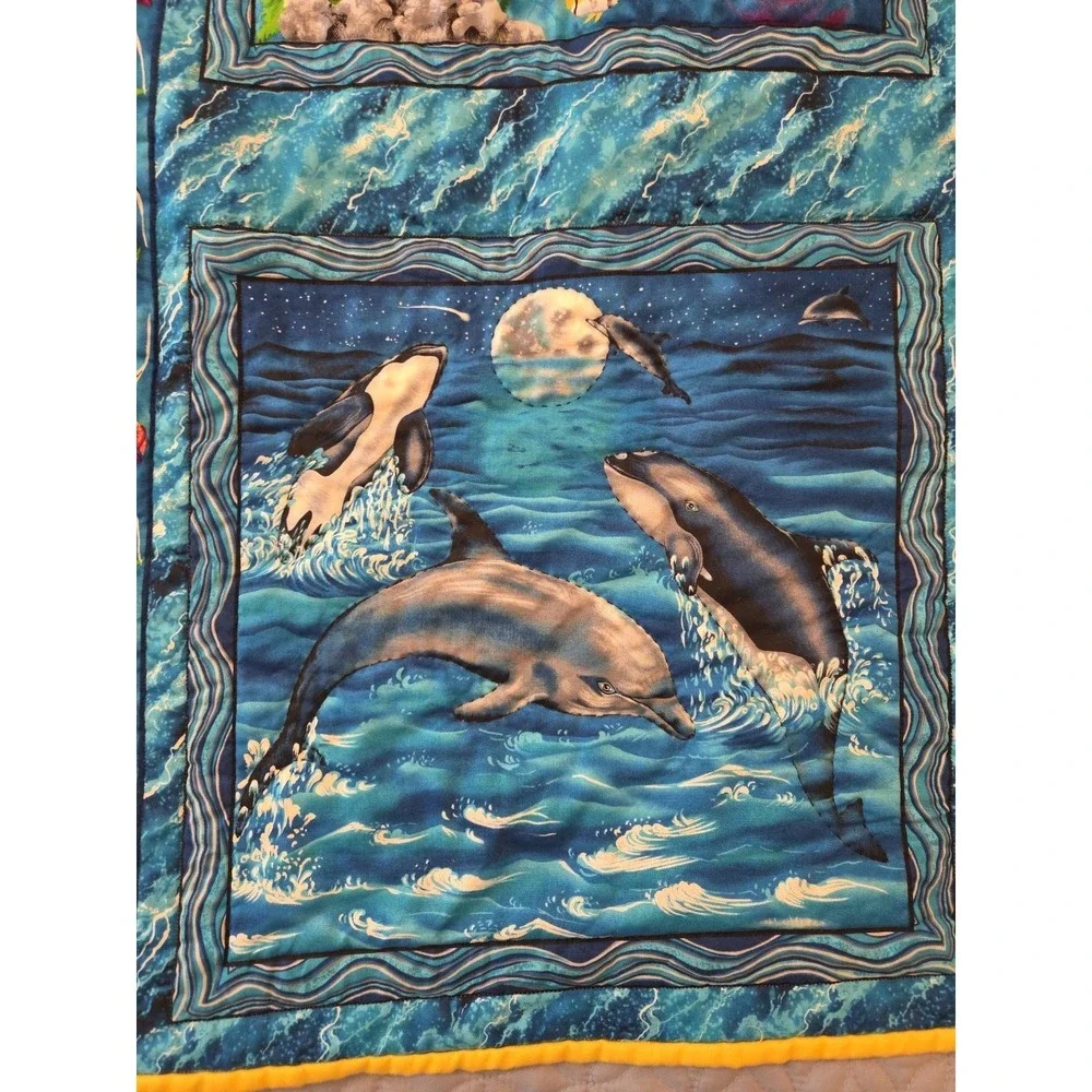 Handmade Crib Lap Blanket Ocean Life Dolphins Whales Blue Yellow 42